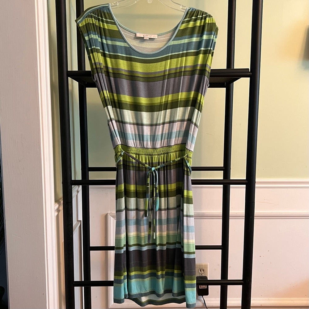 LOFT petite multi-colored striped casual scoop neck cap sleeve dress